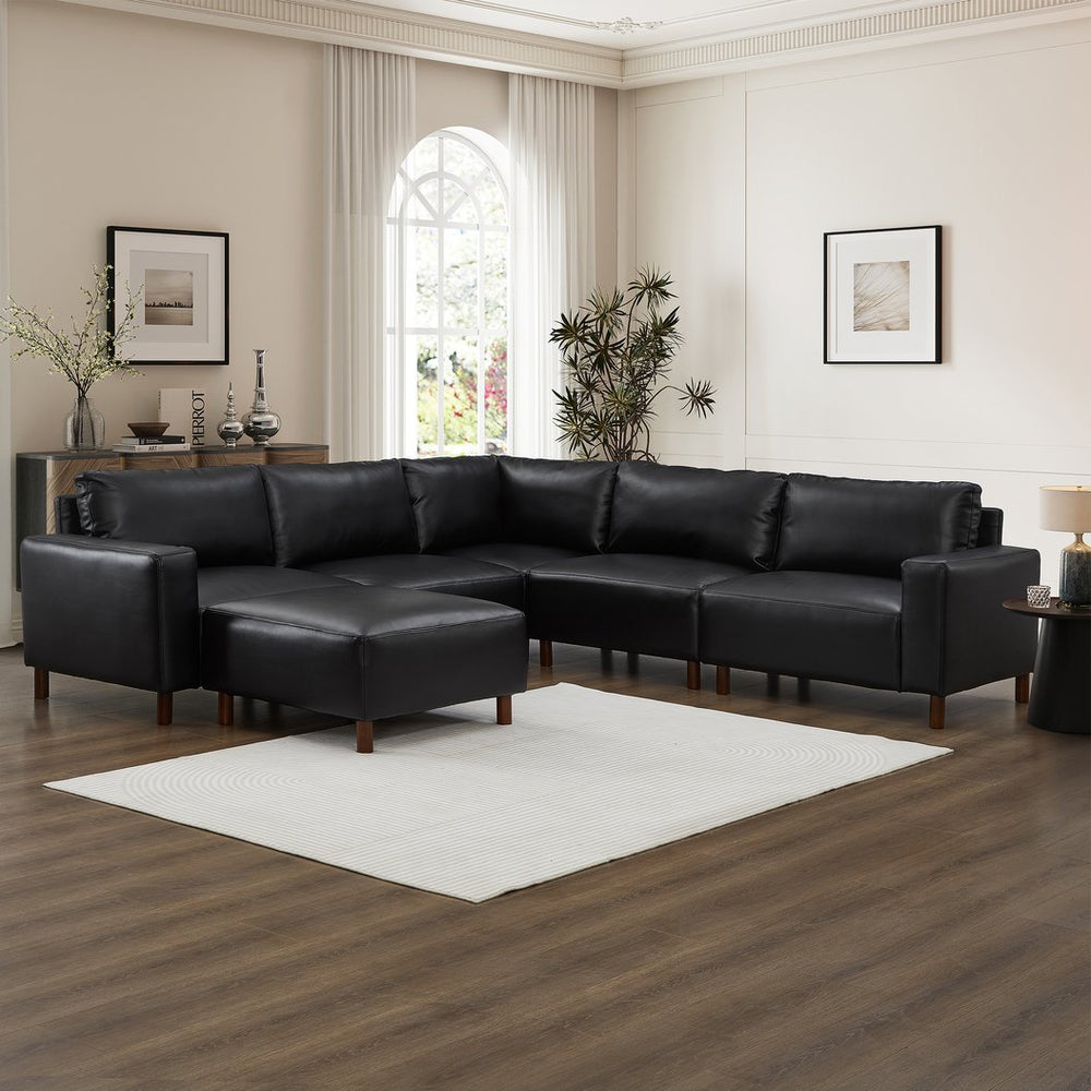 English Elm Modern Modular L-shaped Sectional in Matte Pu Leather with Ottoman Six Piece Black W1097S00264