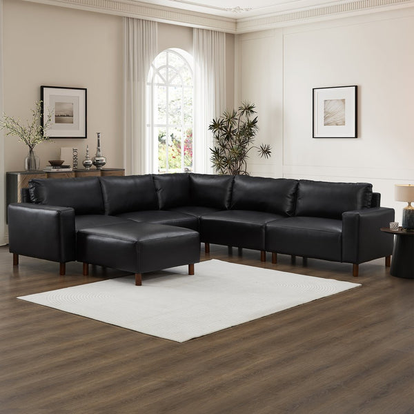English Elm Modern Modular L-shaped Sectional in Matte Pu Leather with Ottoman Six Piece Black W1097S00264