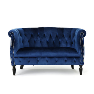 English Elm Christopher Knight Home® - LOVESEAT Chesterfield Velvet Loveseat with Deep Button Tufting, Scrolled Arms & Nailhead Trim for Elegant Comfort Navy Blue 61203.00NVLTNBL