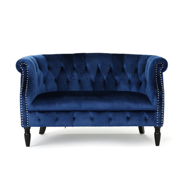 English Elm Christopher Knight Home® - LOVESEAT Chesterfield Velvet Loveseat with Deep Button Tufting, Scrolled Arms & Nailhead Trim for Elegant Comfort Navy Blue 61203.00NVLTNBL
