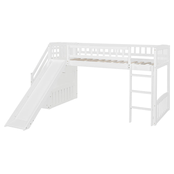 English Elm Stairway Twin Loft Bed with Storage Staircase Slide and Guardrails for Kids White LT000515AAK-1