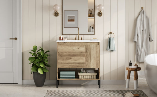 English Elm 30" Modern Wood Bathroom Vanity with Ceramic Sink, Soft-Close Door, Drawer Dividers & Open Shelf N710P247136P