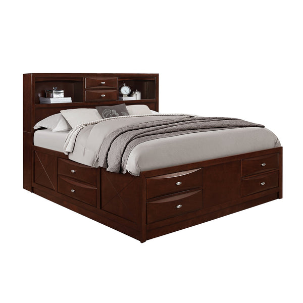 English Elm LUCILLE full bed with built-in bookcase headboard, 6 under-bed storage drawers, slatted base Merlot Queen B201S00274