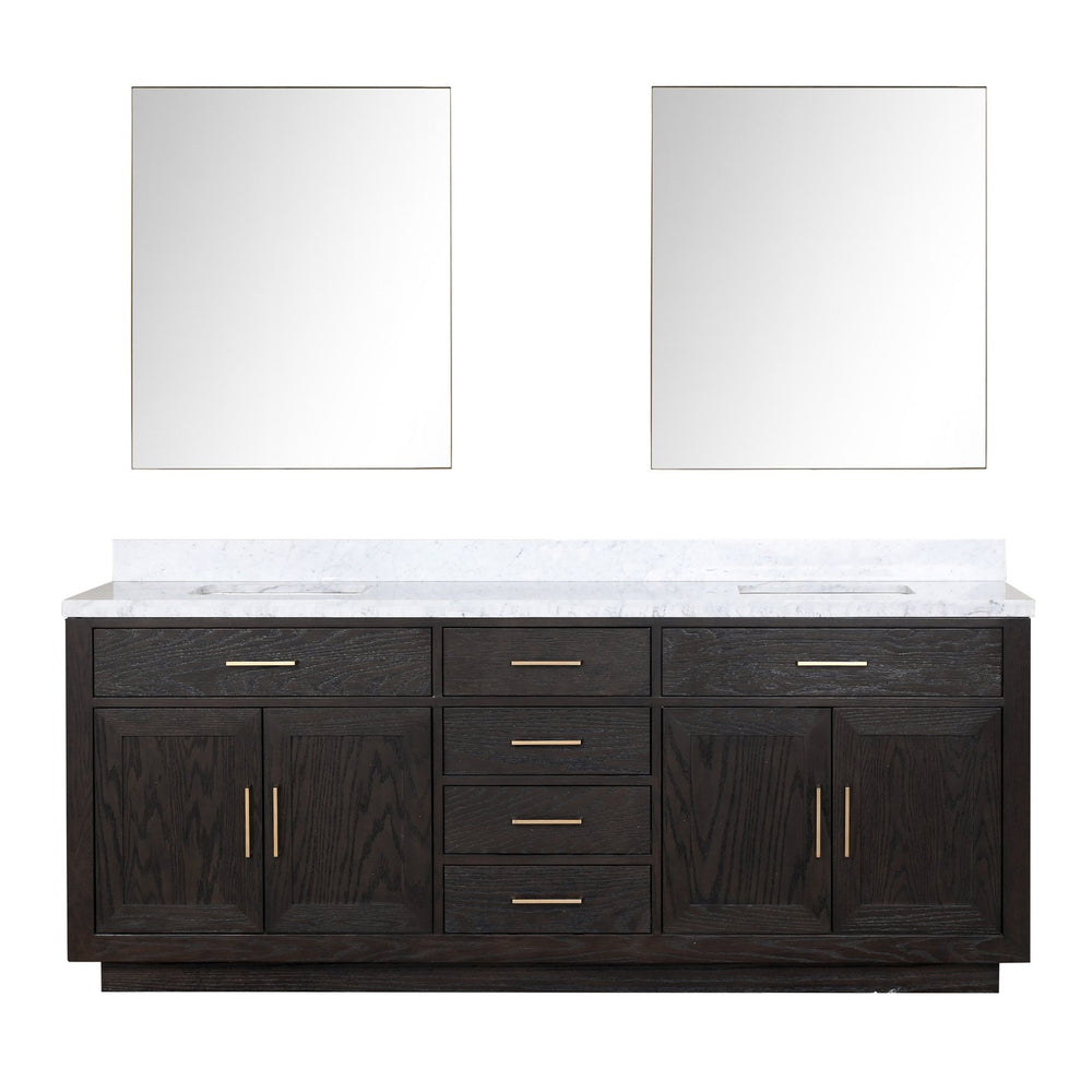 English Elm Black Oak Double Bath Vanity With Carrara Marble Top, 84" W, Soft-Close Doors & 36" Mirrors Included B2731S02146