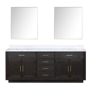 English Elm Black Oak Double Bath Vanity With Carrara Marble Top, 84" W, Soft-Close Doors & 36" Mirrors Included B2731S02146