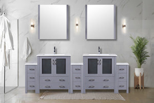 English Elm Dark Grey Double Bath Vanity 96" W with Side Cabinets, White Ceramic Top, Mirrors & Chrome Faucet Set B2731S01224