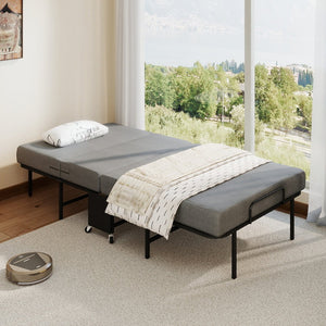 English Elm Twin Folding Guest Bed with Memory Foam Mattress Steel Frame and Lockable Casters T3963P481979