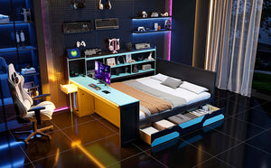 English Elm Queen Gaming Bed Frame with Desk Led Lighting Storage Drawers and Bookcase Headboard Black+Blue LP000290AAC