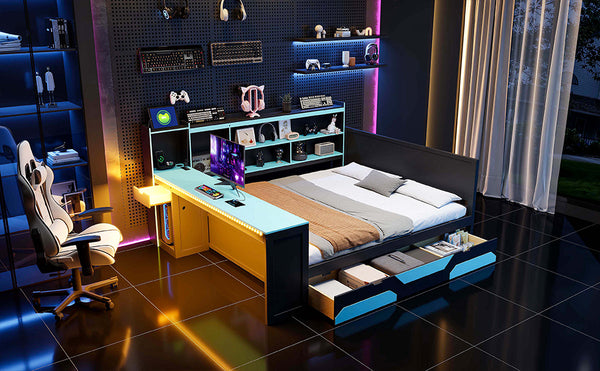 English Elm Queen Gaming Bed Frame with Desk Led Lighting Storage Drawers and Bookcase Headboard Black+Blue LP000290AAC