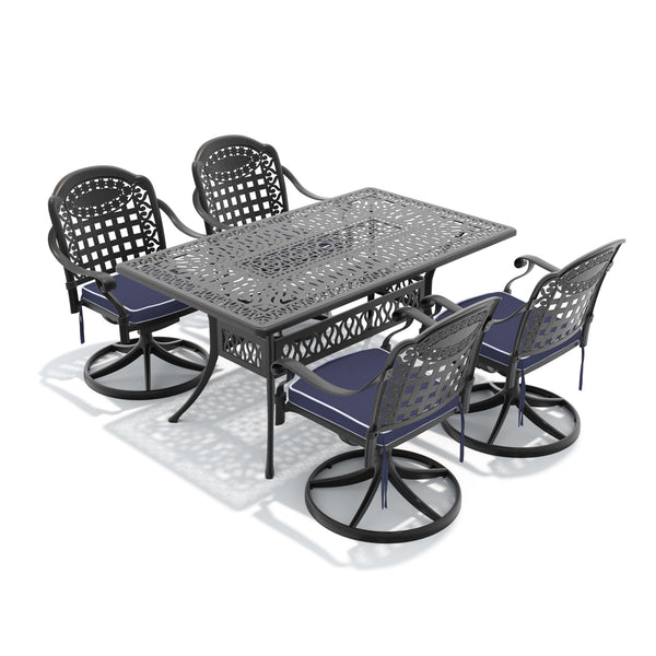 English Elm 5-piece Cast Aluminum Outdoor Dining Set with Swivel Chairs and Carved Patio Table W1710S00351