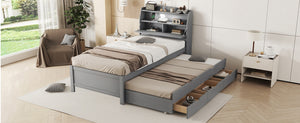 English Elm Twin LED Platform Bed with Trundle and Under-Storage Drawers, Flip-Up Headboard, USB Ports Gray N820S10008E