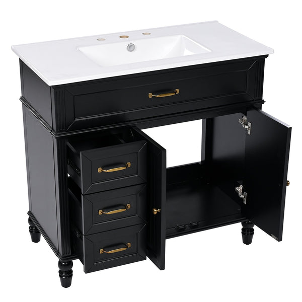 English Elm 36" Modern Bathroom Vanity with Ceramic Sink, Solid Wood + MDF Frame, Sleek Freestanding Design Black N725P195410B