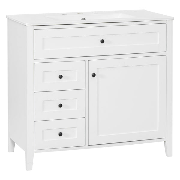 English Elm 36-Inch White Bathroom Vanity With Sink, Modern Mdf & Rubberwood, 3 Drawers & Adjustable Shelf Storage N725P350821K