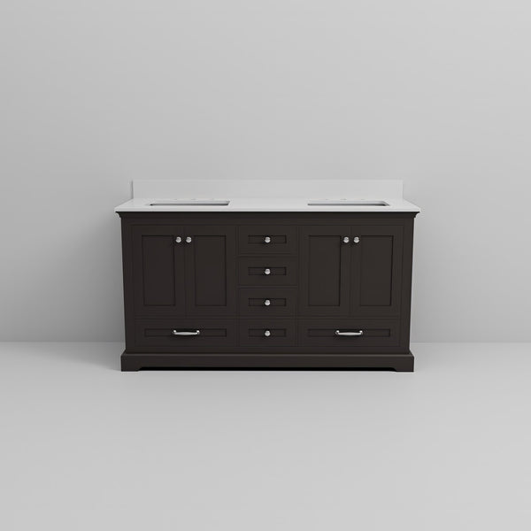 English Elm Espresso 60" Double Bath Vanity with White Quartz Top, Solid Wood Frame, Soft-Close Drawers, Storage B2731P258254
