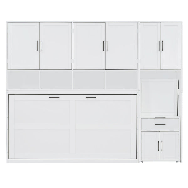 English Elm Twin Murphy Wall Bed with Integrated Closet Drawers and Desk for Studio Spaces White LP000595AAK-2