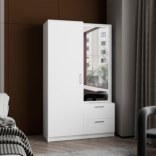 English Elm Vinco White Armoire with Mirror, 1 Door, 2 Drawers, 6 Shelves, Hidden Shoe Rack & Hanging Rod B097S00233