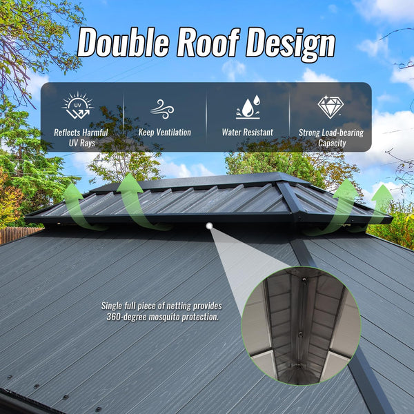 English Elm 10'x14' Hardtop Gazebo Dual Roof Steel Frame Permanent Outdoor Patio Pavilion W1859S00185