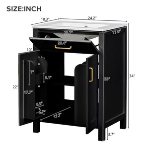 English Elm 24"Bathroom Luxurious Space-Saving Vanity with Ceramic Sink, Solid Wood Frame, Soft-Close Doors and Storage Black N729P183716B