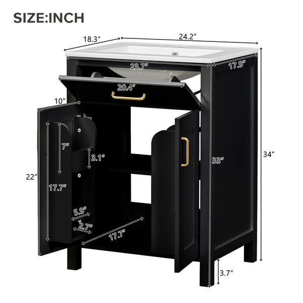 English Elm 24"Bathroom Luxurious Space-Saving Vanity with Ceramic Sink, Solid Wood Frame, Soft-Close Doors and Storage Black N729P183716B