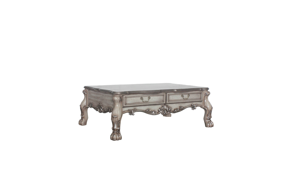 English Elm Dresden Vintage Bone White Resin Coffee Table with Two Felt-Lined Drawers and Scalloped Floral Trim Ivory 58 L x 39 W x 14 H B2726P281468