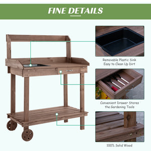 English Elm Outsunny 36'' Wooden Potting Bench With Removable Sink, Wheels, Ample Storage & Durable Design W2225P175541-GIGA