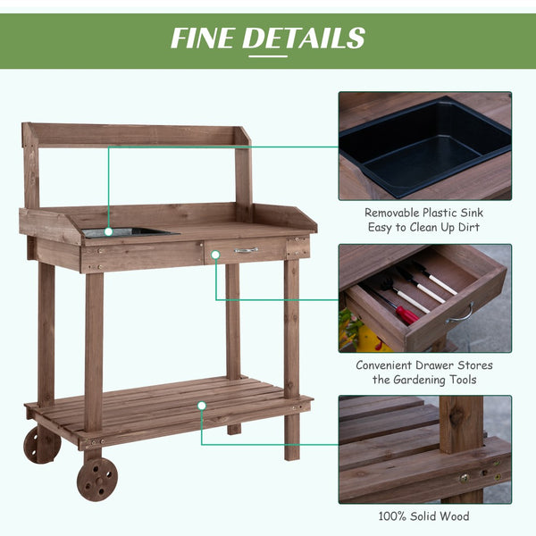 English Elm Outsunny 36'' Wooden Potting Bench With Removable Sink, Wheels, Ample Storage & Durable Design W2225P175541-GIGA