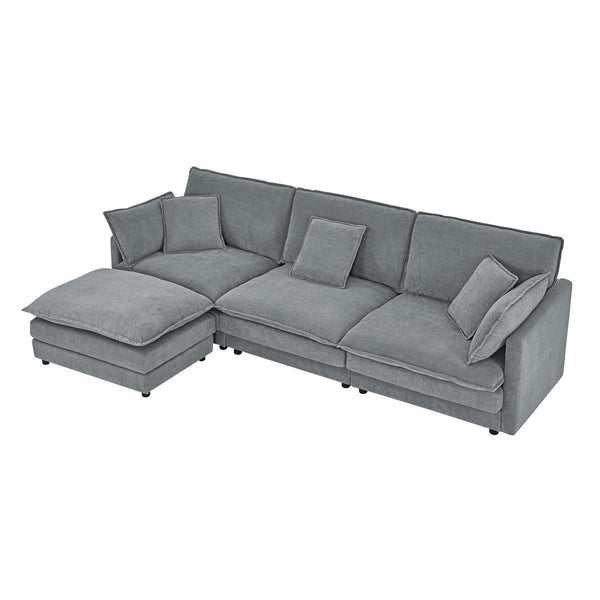 English Elm Modern Sectional Convertible Sofa with Ottoman, Oversized L-Shaped 4-Seater Towel Fabric Comfort Grey W1413S00079