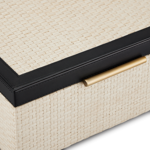 Deanna Decorative Box Set of 2 – Handcrafted Ivory Raffia Storage with Black Leather & Brass Accents