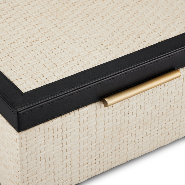Deanna Decorative Box Set of 2 – Handcrafted Ivory Raffia Storage with Black Leather & Brass Accents