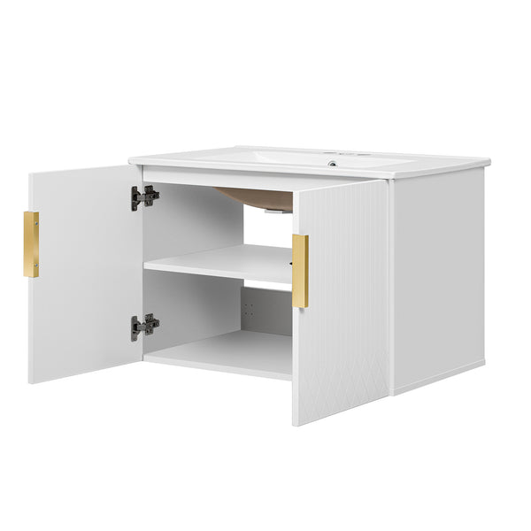 English Elm 60" Vintage Bathroom Vanity with Ceramic Sink Wall-Mount Modern Striped Design Durable MDF Wood Finish White N710SS00010K