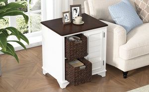 English Elm U Can Louvered End Table with Woven Grass Baskets Ottoman Legs Farmhouse Storage White N724P401353K