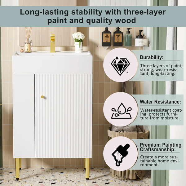 English Elm 21.6" White Left-Side Storage Bathroom Vanity with Ceramic Sink, Gold Legs, Soft-Close Door, Modern Design SV000007AAE