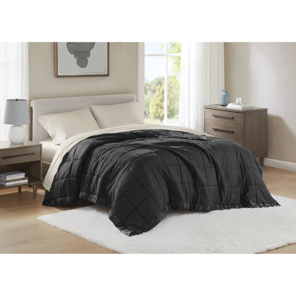 JLA Home Madison Park - Lightweight Down Alternative Blanket with Satin Trim, Moisture-Wicking OEKO-TEX Hypoallergenic Comfort Black MP51-8502