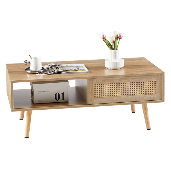 English Elm 41.34" Woven Rattan Coffee Table with Sliding Storage Door and Solid Wood Legs W126573113