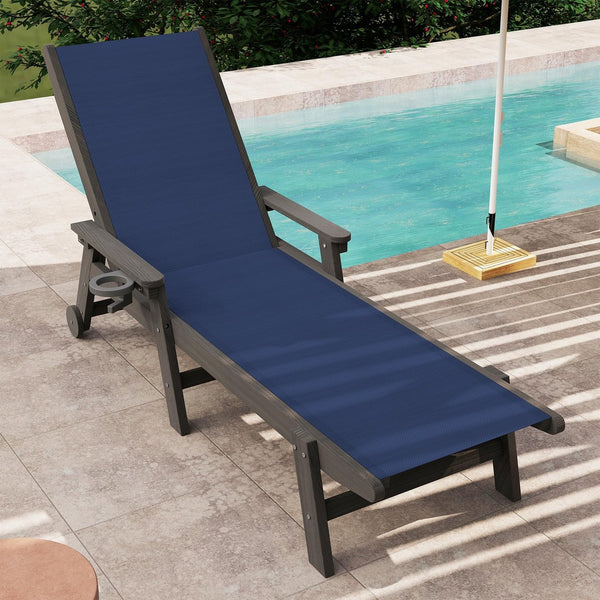 English Elm Lounge Outdoor Hdpe Reclining Chaise with Teslin Fabric Seat Wheels and Cup Holder Navy Blue W1859P494794
