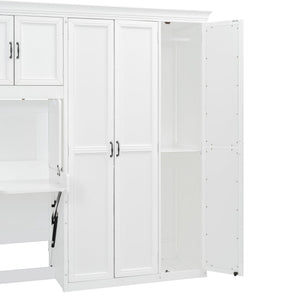 English Elm Twin Murphy Wall Bed with Integrated Desk Wardrobe and Storage Cabinet in White LP000767AAK