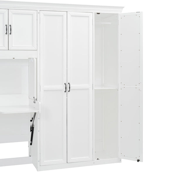 English Elm Twin Murphy Wall Bed with Integrated Desk Wardrobe and Storage Cabinet in White LP000767AAK