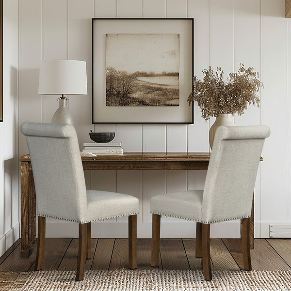 English Elm Upholstered Beige Dining Chairs Set of 2 with Silver Nailhead Trim, Rollback Design & Walnut Legs B035P265991
