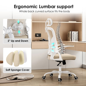 English Elm Ergonomic Office Chair With Adjustable Lumbar Support, Headrest & Space-Saving Design In White & Khaki T3623P380924