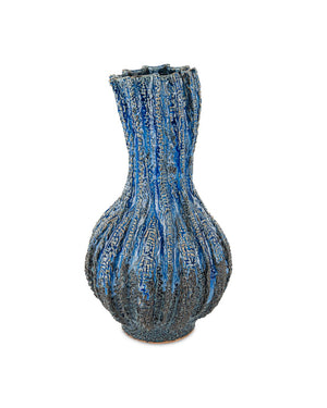 Currey & Company Folios Vase - Handcrafted Dark Clay Ceramic With Unique Blue Reactive Glaze & Textured Design Blue Ceramic 1200-1048-currey-company