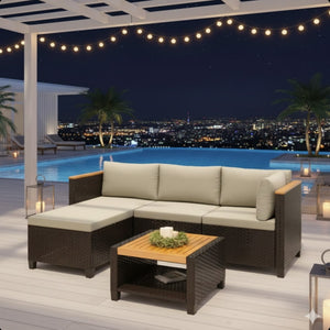 English Elm 3-piece Outdoor Pe Rattan L-shaped Sectional with Acacia Storage Table for Patio Beige+Brown B082P455128