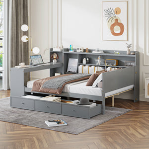 English Elm Full Size Wooden Daybed With 3 Storage Drawers, Built-In Desk & Usb Ports – Gray, Space-Saving Design N820S00018E