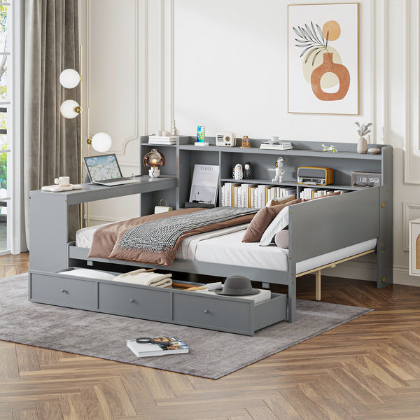 English Elm Full Size Wooden Daybed With 3 Storage Drawers, Built-In Desk & Usb Ports – Gray, Space-Saving Design N820S00018E