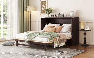 English Elm Queen Size Murphy Bed - Elegant Pine Cabinet With Rattan Accents, Espresso Finish & Storage Drawer W504S00230-GIGA