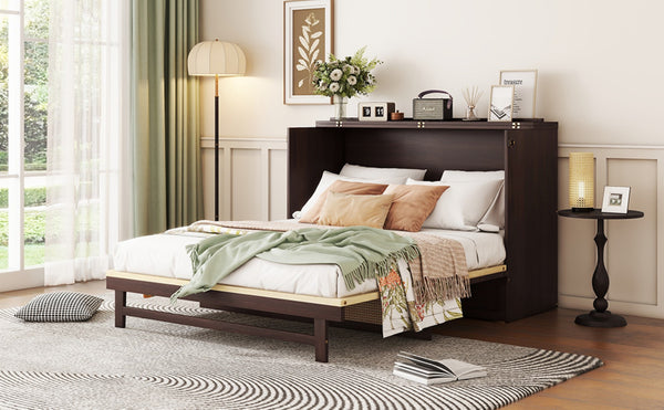 English Elm Queen Size Murphy Bed - Elegant Pine Cabinet With Rattan Accents, Espresso Finish & Storage Drawer W504S00230-GIGA