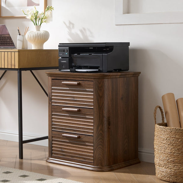 English Elm 22" Fluted Wood Nightstand with Built-in Charging Station Three Drawer Bedside Storage T5326P431148