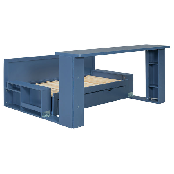 English Elm Full Size Daybed with Hydraulic Desk Armrests Storage Drawer and Sofa Seating Blue LT000271AAC