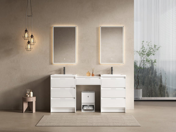 English Elm 72" Freestanding Bathroom Vanity With Resin Sink & Side Cabinet - Modern Glossy White Design, Ample Storage Options W999S00437