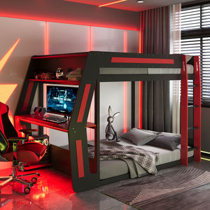 English Elm Full-size Gaming Loft Bed with Integrated Rgb Desk Usb Ports and Esports Frame Red LT000239AAR