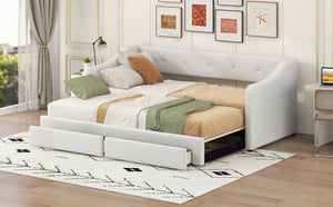 English Elm Twin XL Upholstered Daybed with Two Drawers — Convertible King Sofa Bed, Buttoned Back, Linen Upholstery Beige DL002056AAA